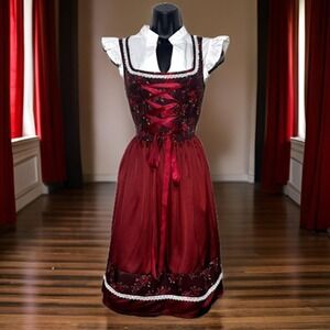 New Large Red Floral Oktoberfest Burgundy Dirndl Dress Bavarian German Christmas